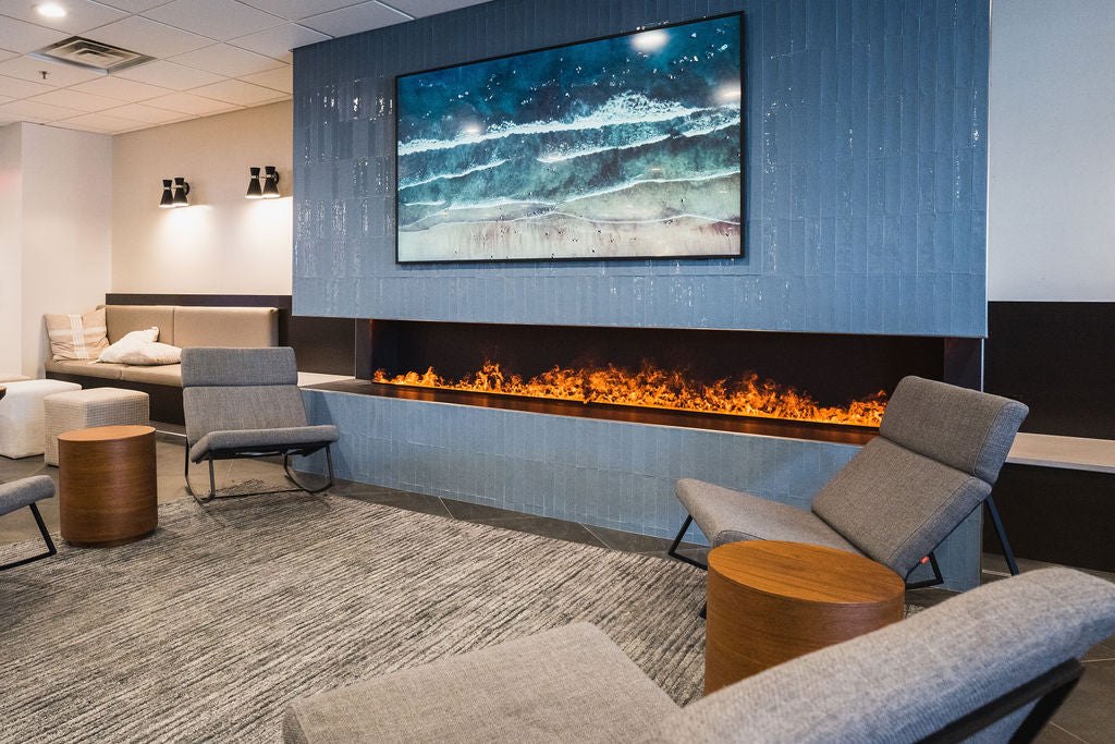 Aqua Fire linear fireplace in a welcoming lounge