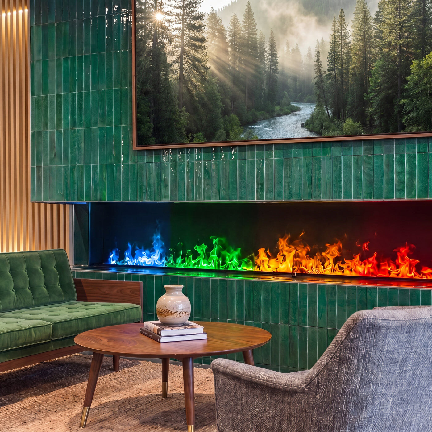 Aqua Fire Pro with colorful flames in a green tile surround