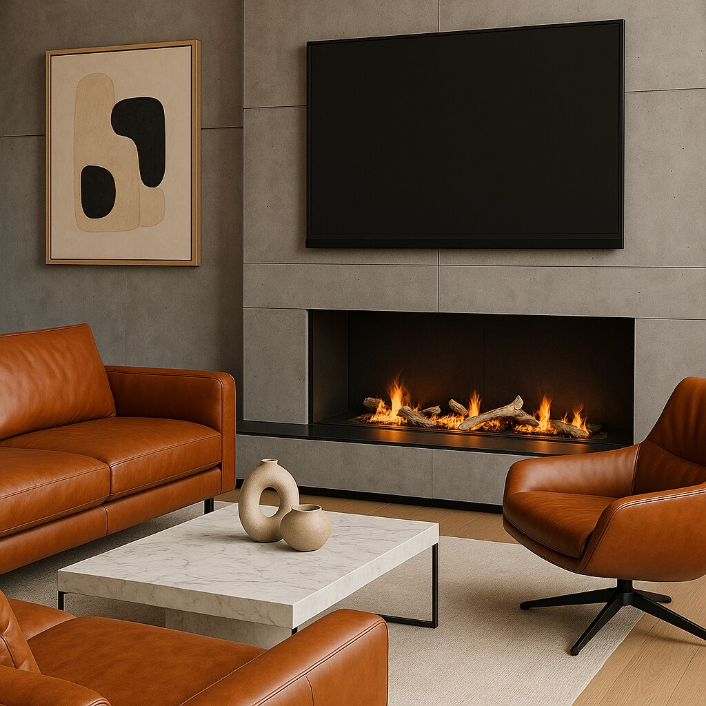 Aqua Fire fireplace beneath a television in a residential living room